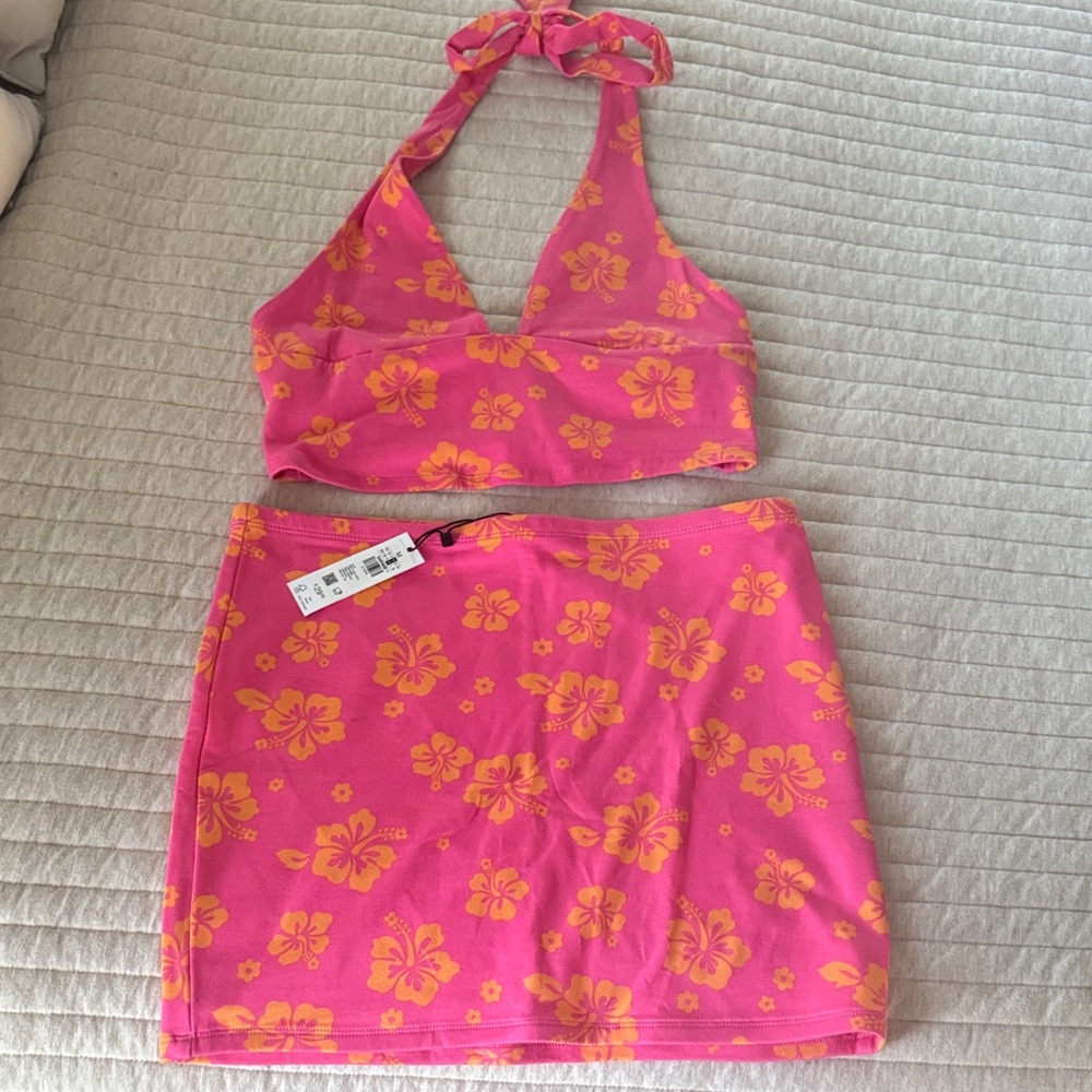 Garage Floral Pink Halter Top and Skirt Set